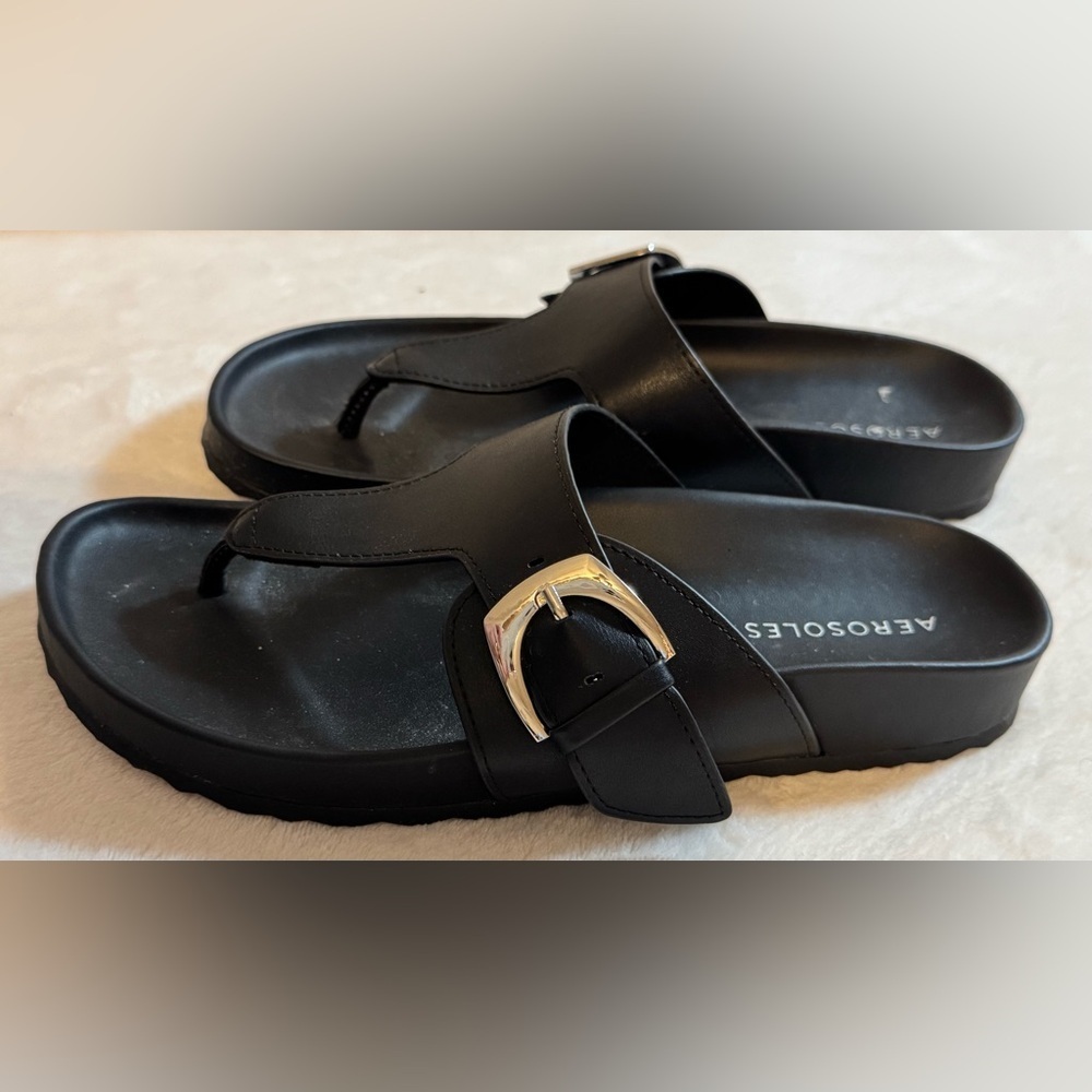 AEROSOLES Women’s Lotti Black Slide Flip Flop Sandals Silver Buckle Size 7.5